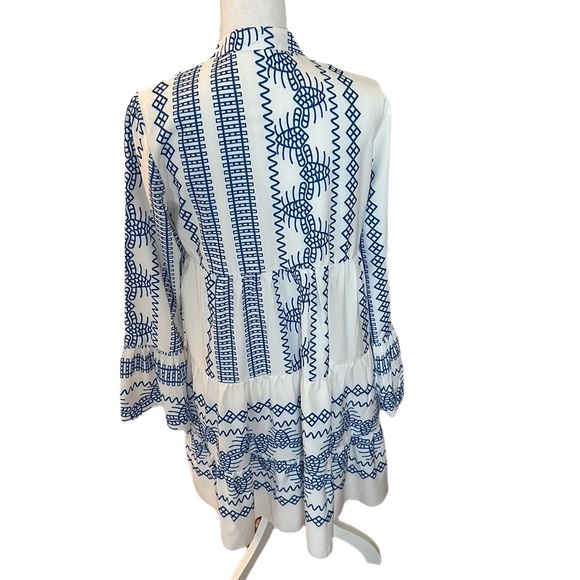 NEW Blue White Aztec Embroidered Tunic Dress | Boho Beach Cover-Up | Size M - Picture 5 of 7